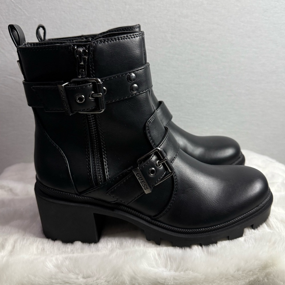 (NEW) GUESS Black Combat Boots with Silver Hardware Detail